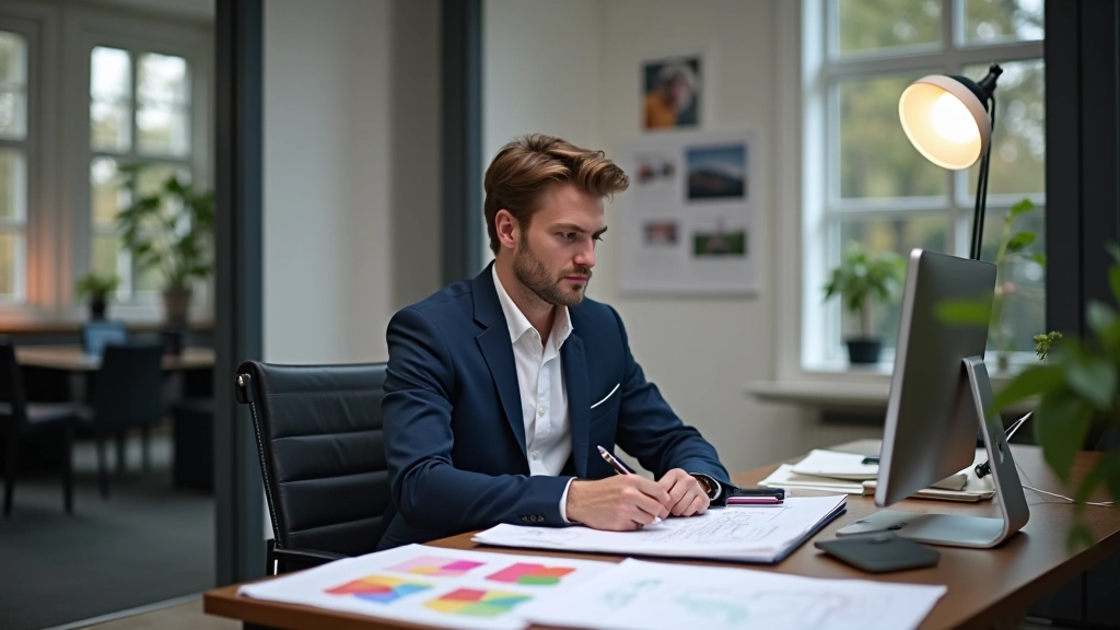 Designer travaillant sur un formulaire sur écran, notes de conception et croquis sur le bureau, espace de travail moderne