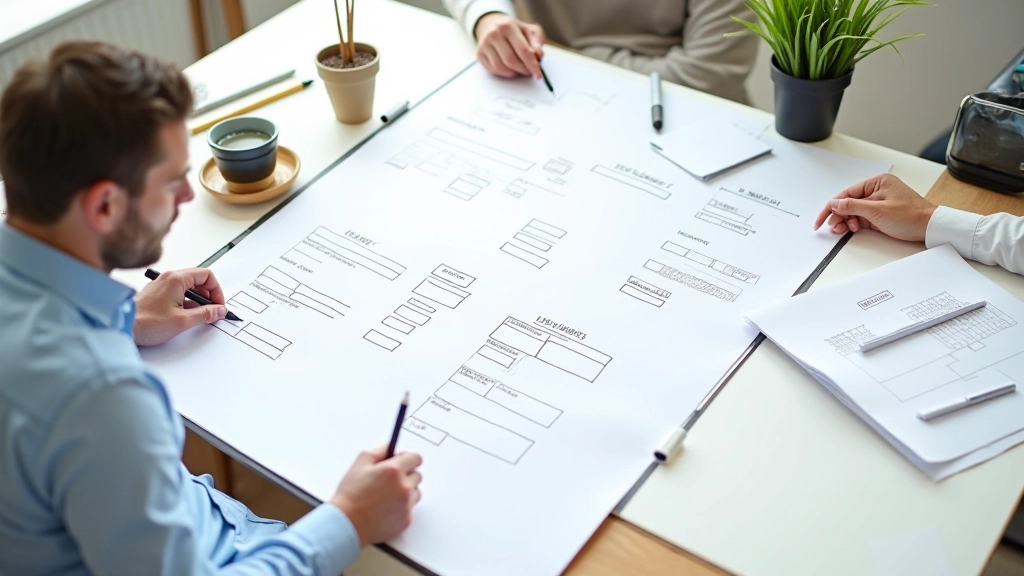 Tableau blanc avec diagramme de formulaire, stylo et notes de conception, espace de travail collaboratif moderne