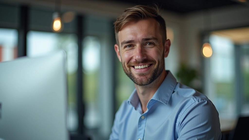 Personne regardant un formulaire optimisé sur écran, expression satisfaite, environnement de travail professionnel